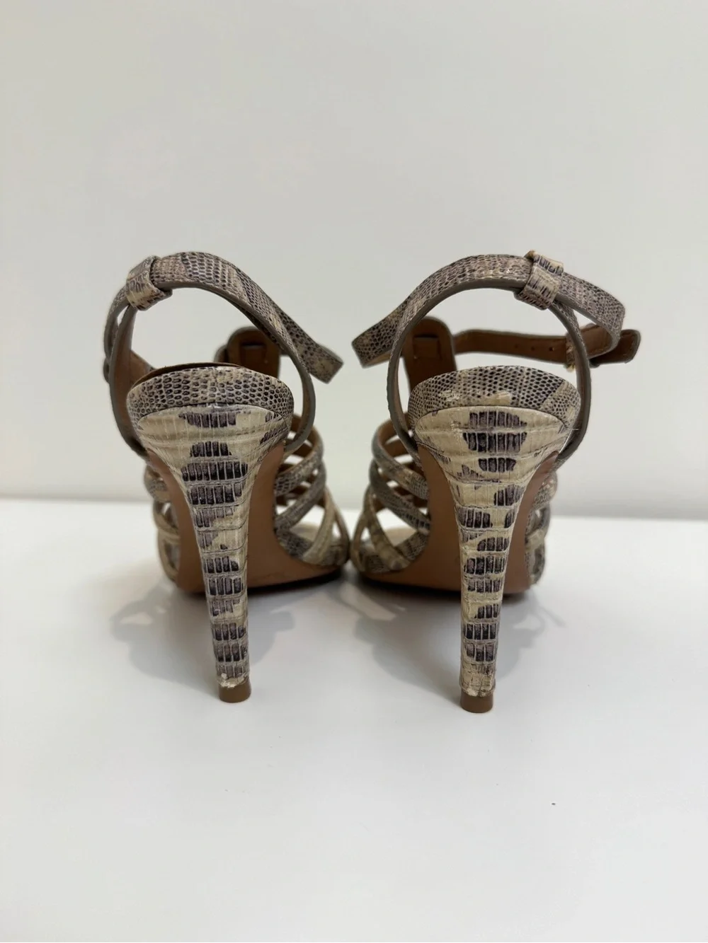 Tory Burch Charlene Cream Snake Embossed Leather Caged Heeled Sandals 6.5 Shoes